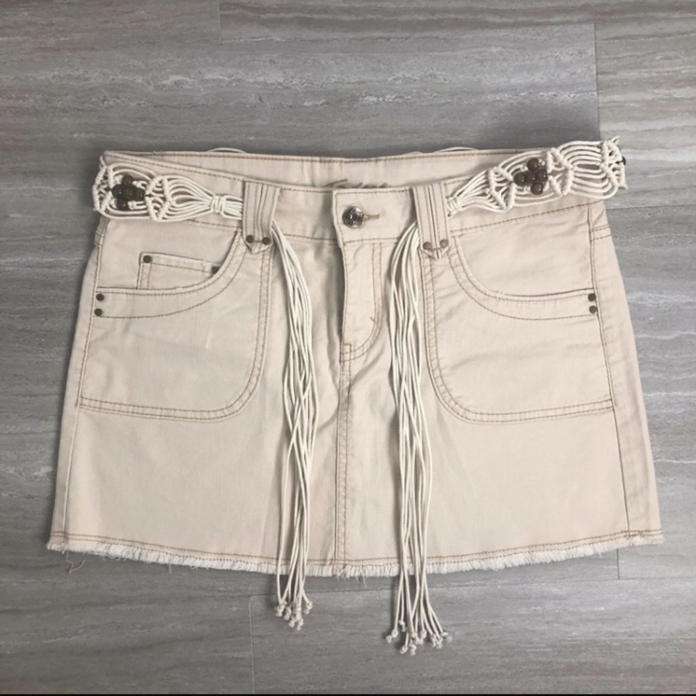 Jordache Stretch Denim Miniskirt with Macrame Belt